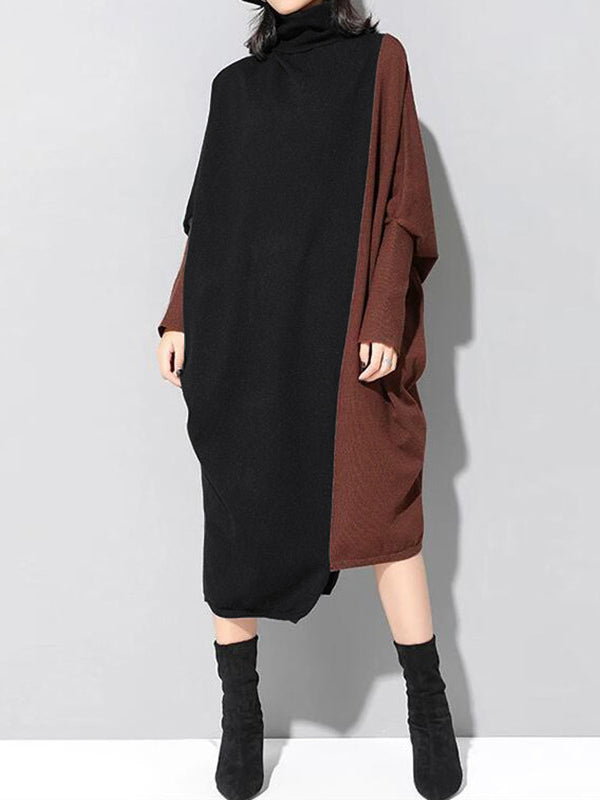 Robe décontractée ample à empiècements, à col haut, à manches longues, couleur contrastée