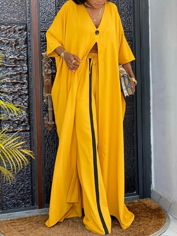 Ensemble deux pièces fendu devant à manches chauve-souris, à col en V, taille haute, à taille élastique – kimono + pantalon