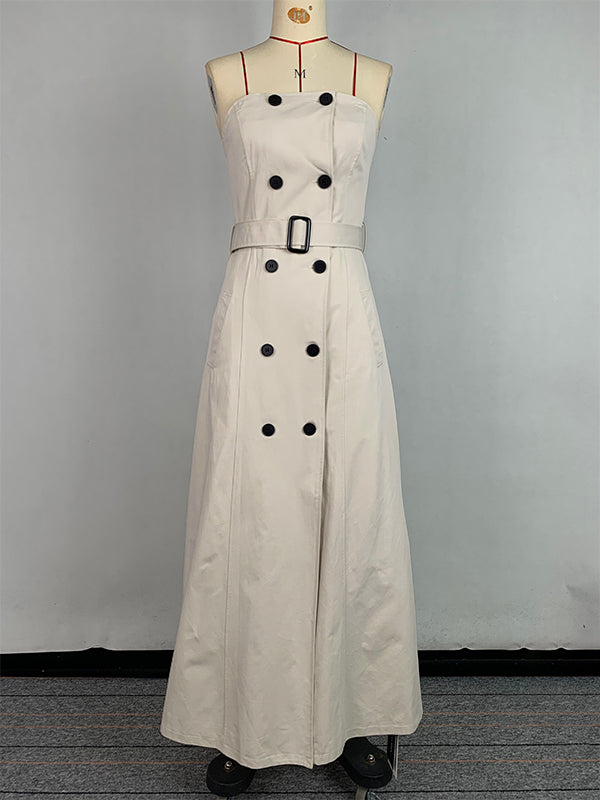 Robe longue ample boutonnée coupe trapèze, avec ceinture, à poches, bustier