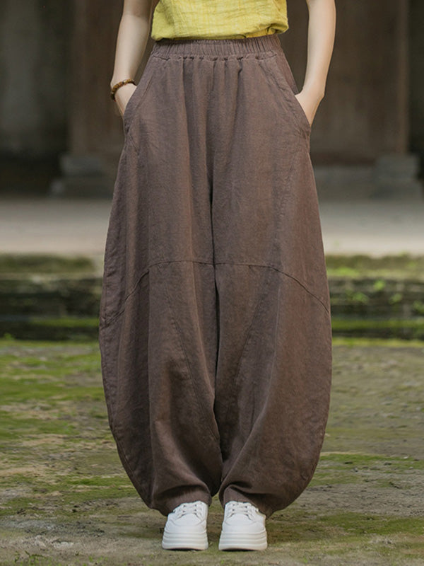 Pantalon ample à taille élastique, à poches, à empiècements, couleur unie