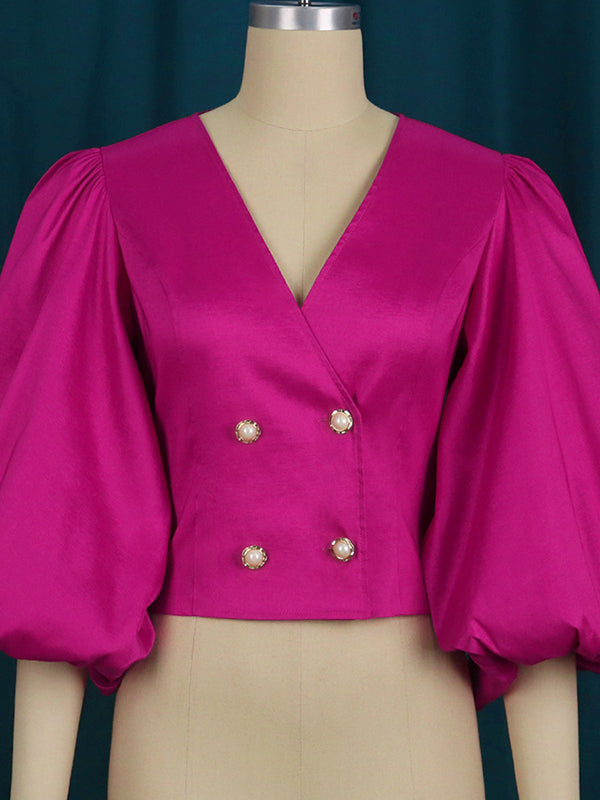 Chemisier fuchsia élégant à col en V et manches bouffantes