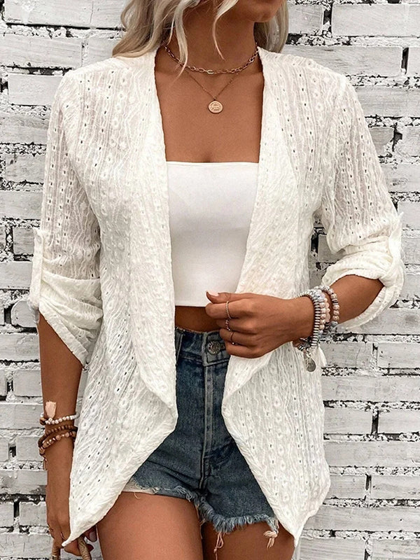 Veste ample boutonnée ajourée à manches longues, en jacquard, sans col, couleur unie