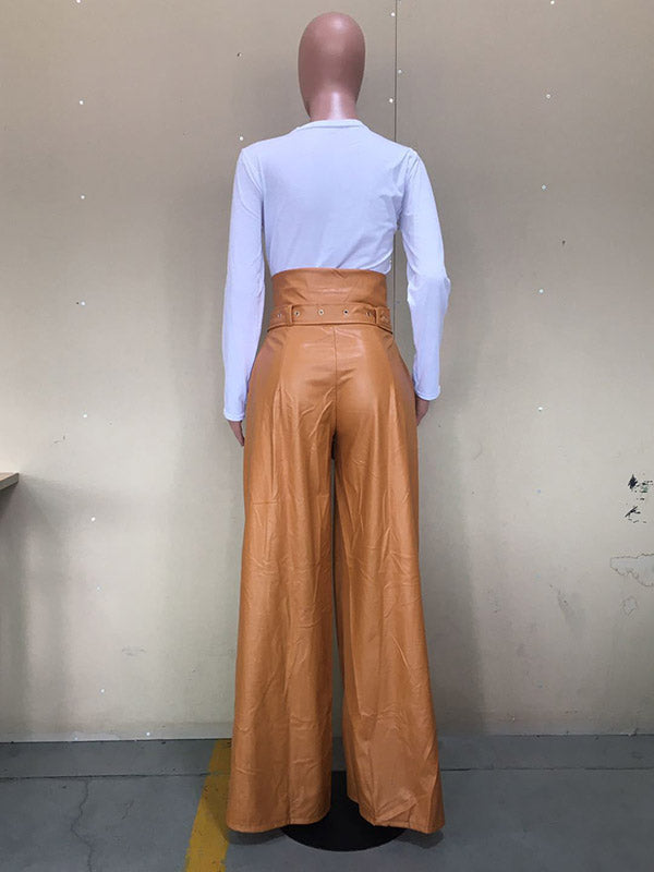 Pantalon taille haute, à jambes larges, avec ceinture, à fermeture éclair, couleur unie