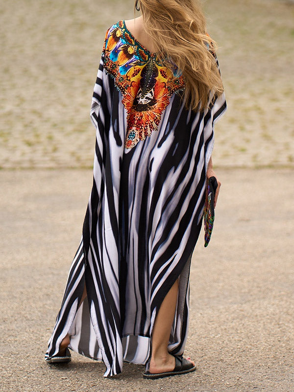 Robe longue de plage à manches chauve-souris, ample, imprimée, fendue sur le côté, rayée, col en V