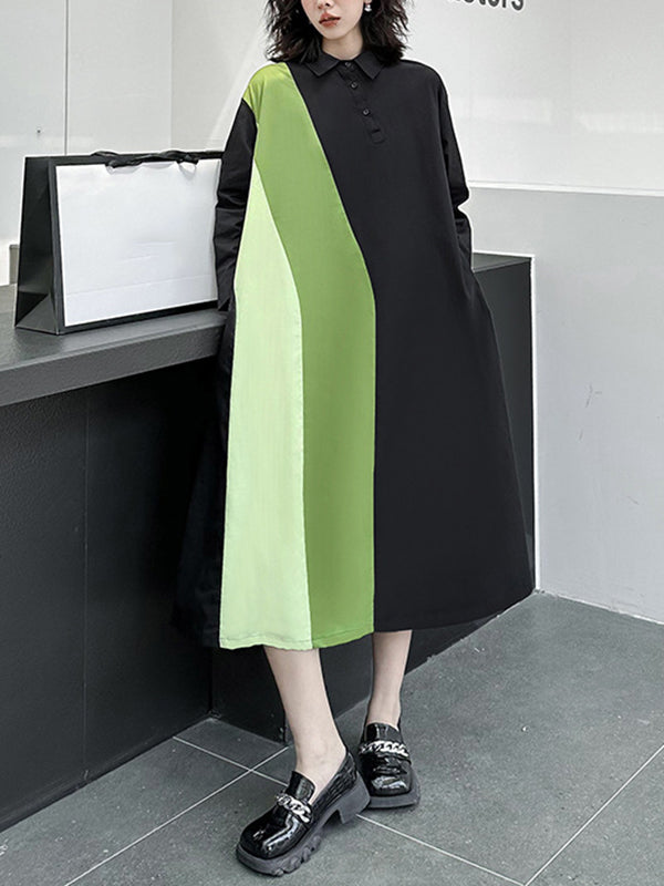 Robe chemise ample asymétrique boutonnée à manches longues, à empiècements, à col revers, couleur contrastée
