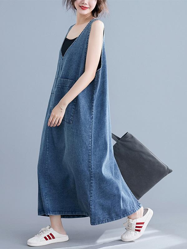 Robe mi-longue ample sans manches, en jean, à col en V