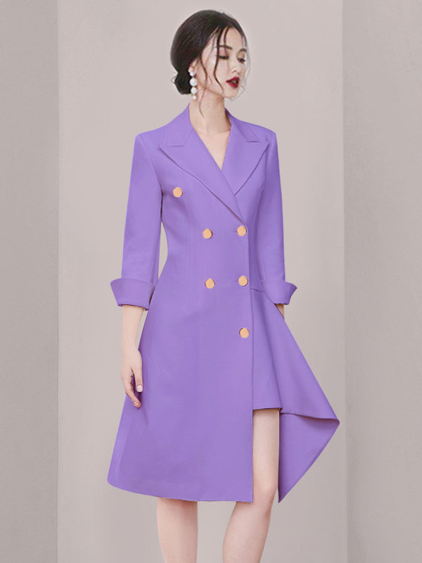 Irrégularité manches longues asymétrique boutonné Double boutonnage couleur unie à empiècements col en pointe Blazer Robes courtes