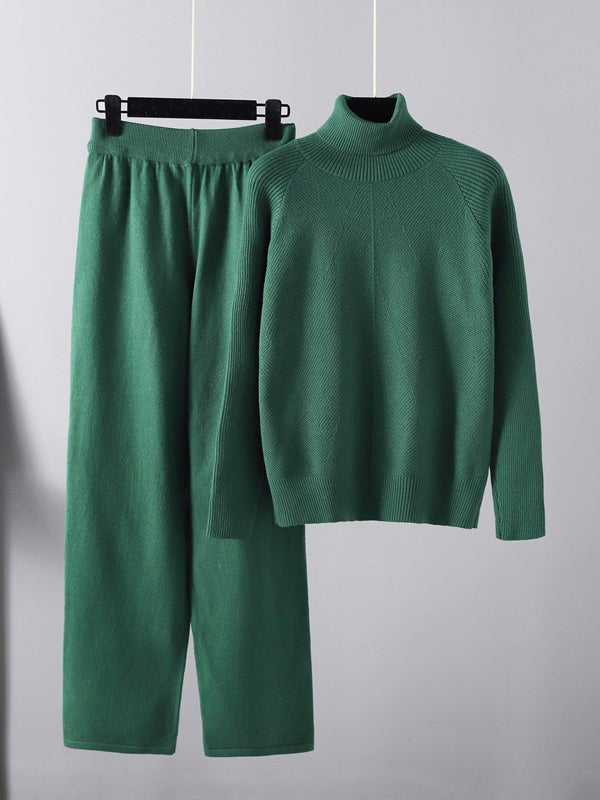 Pull urbain à manches longues, ample, uni, demi-col roulé, hauts & pantalons à jambes larges, ensemble deux pièces