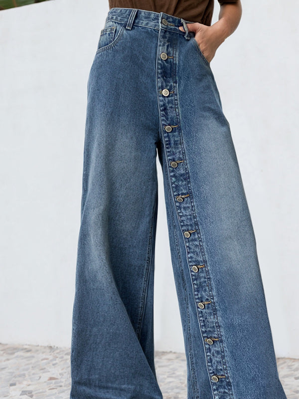 Jean ample boutonné taille haute, à poches