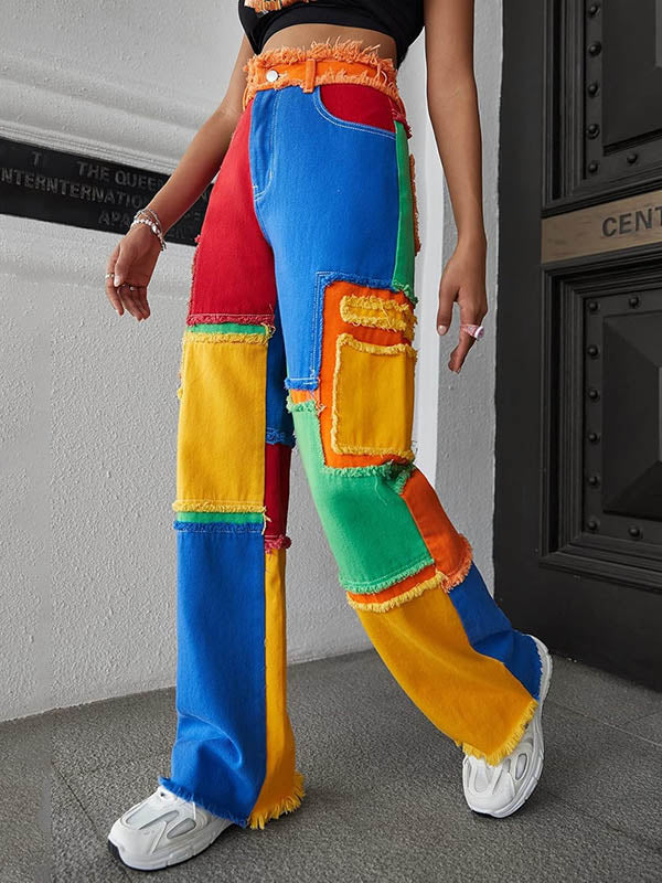 Pantalon ample boutonné taille haute, à franges, à empiècements, couleur contrastée