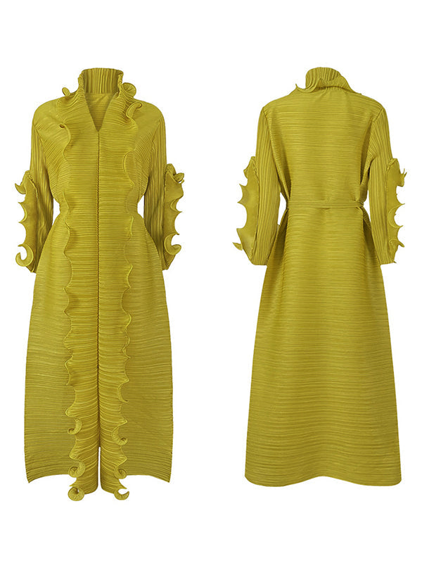 Robe longue ample nouée plissée à manches longues, à falbalas, à col en V, couleur unie