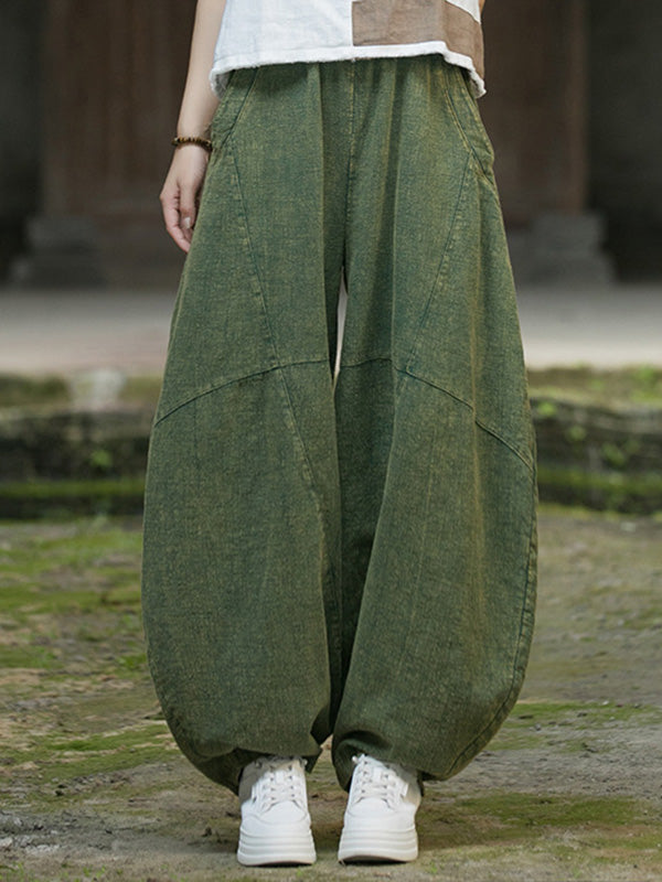 Pantalon ample à taille élastique, à poches, à empiècements, couleur unie