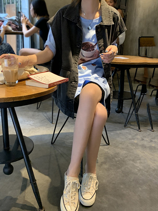 Gilet sans manches simple à empiècements, en jean, couleur unie
