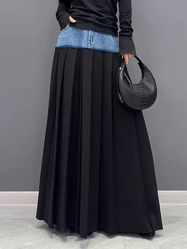 Jupe plissée coupe trapèze, taille haute, à empiècements, couleur contrastée