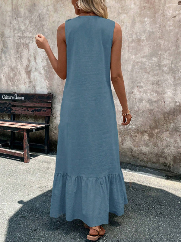 Robe longue ample plissée coupe trapèze, à bordure volantée, à col en V, couleur unie
