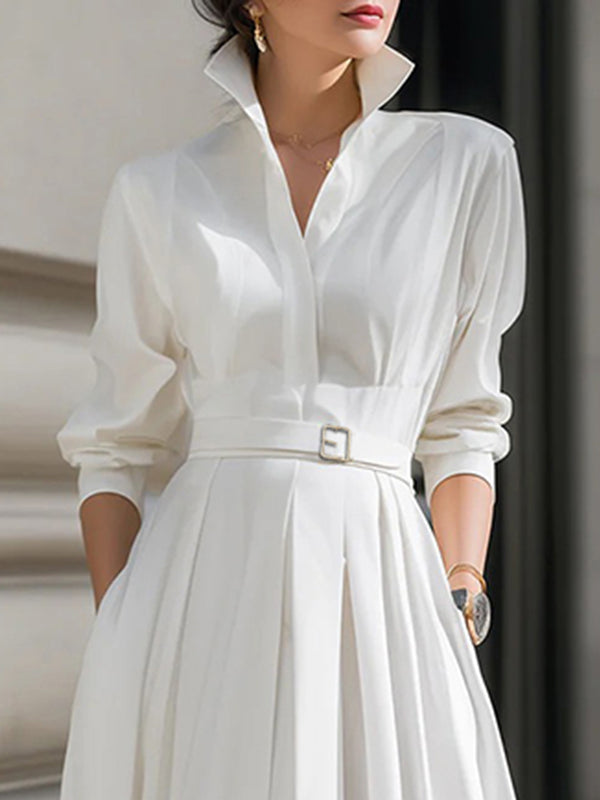 Robe longue ample à manches longues, avec ceinture, à poches, à col montant, couleur unie