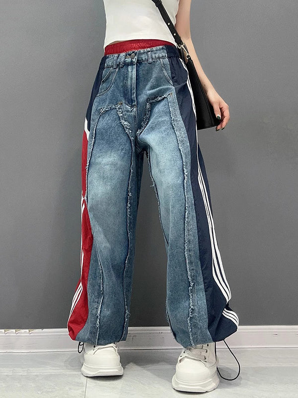 Jean ample à jambes larges, à cordon de serrage, à taille élastique, à franges, à empiècements, couleur contrastée