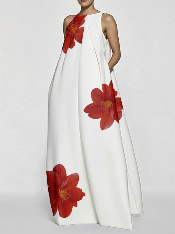 Robe longue asymétrique coupe trapèze, sans manches, à imprimé floral, à empiècements, à col rond