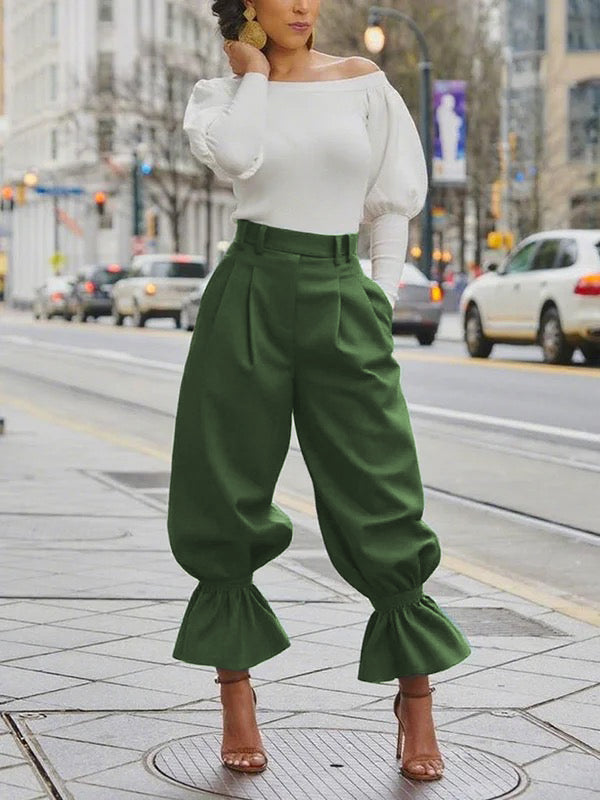 Pantalon plissé taille haute, à poches, à bordure volantée, couleur unie