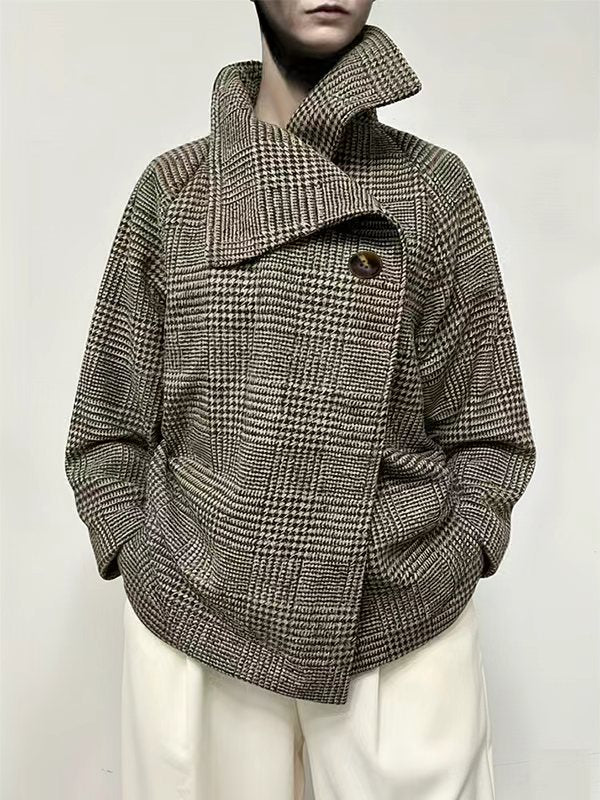 Veste ample asymétrique à manches longues, à motif pied-de-poule, à carreaux, à col montant