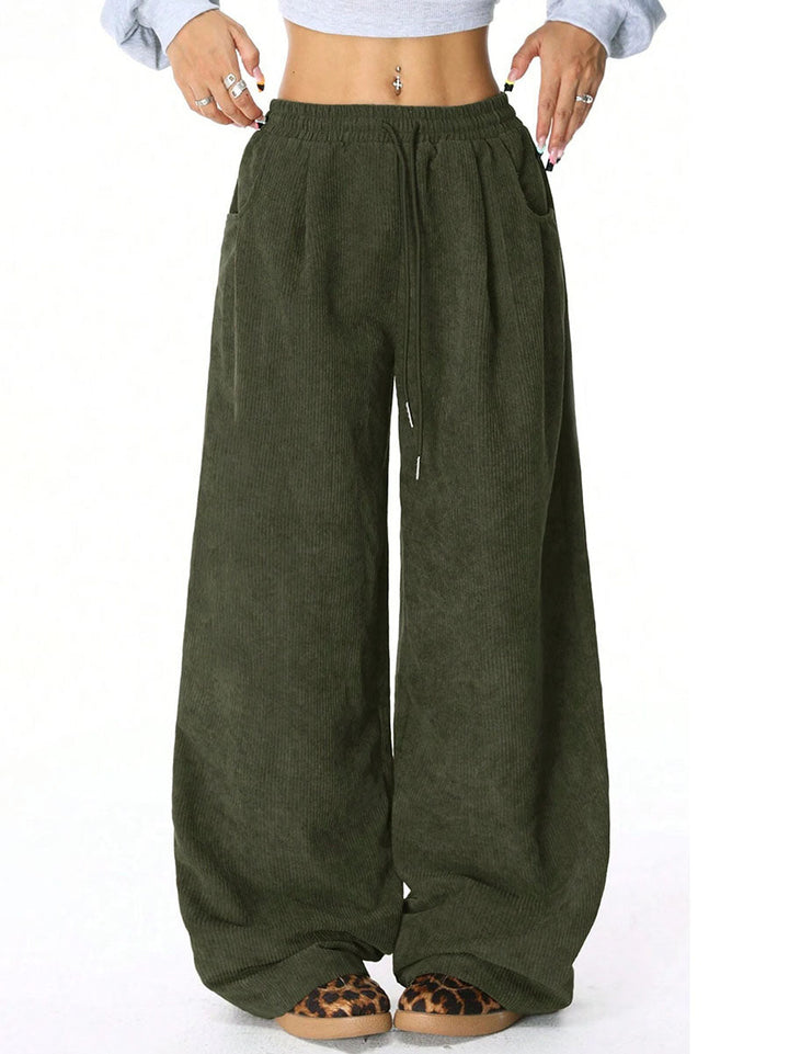 Pantalon taille haute, à jambes larges, à cordon de serrage, à taille élastique, à poches, couleur unie