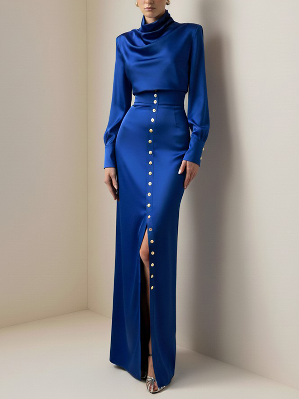 Ensemble deux pièces plissé asymétrique boutonné fendu sur le côté à empiècements, à col bénitier, à manches longues, à taille élastique, à fermeture éclair, couleur contrastée – chemisier + jupe