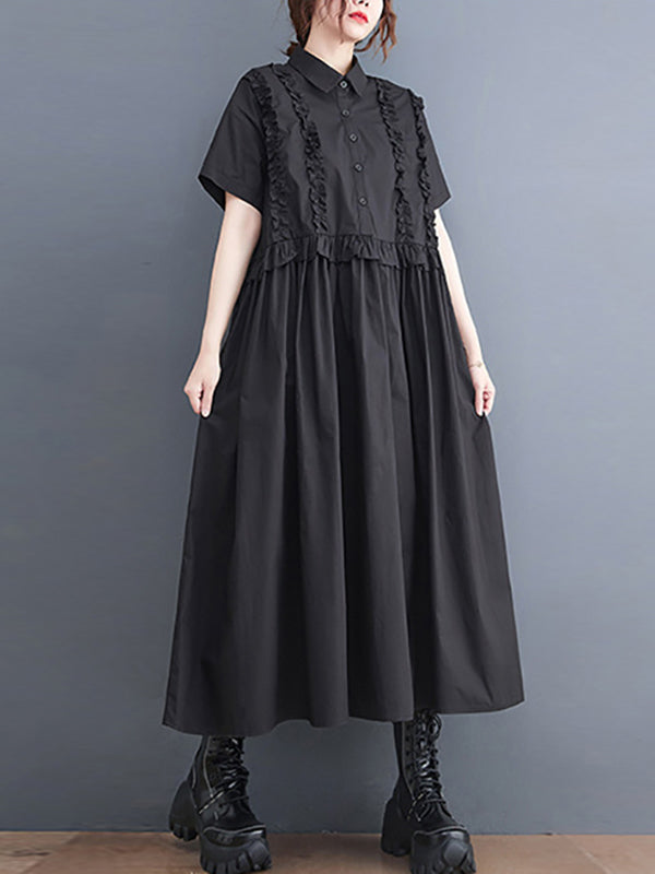 Robe chemise mi-longue de couleur unie, simple, manches courtes, ample, boutonnée, Volants, à empiècements