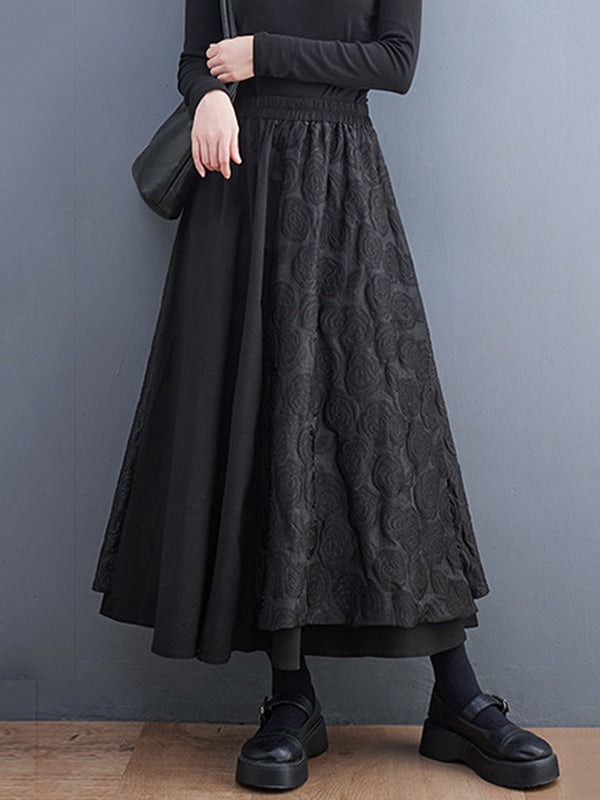 Jupe ample asymétrique coupe trapèze, à taille élastique, en jacquard, couleur unie