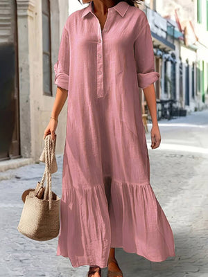 Robe longue boutonnée plissée coupe trapèze, à manches longues, à empiècements, à col revers, couleur unie