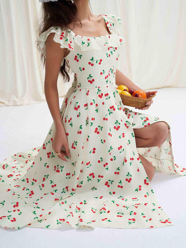 Robe mi-longue ample boutonnée plissée taille haute, à taille élastique, à imprimé floral, à col carré