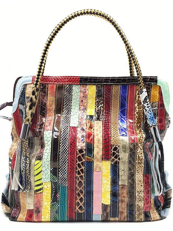 Sac en cuir à bandoulière rayé à empiècements