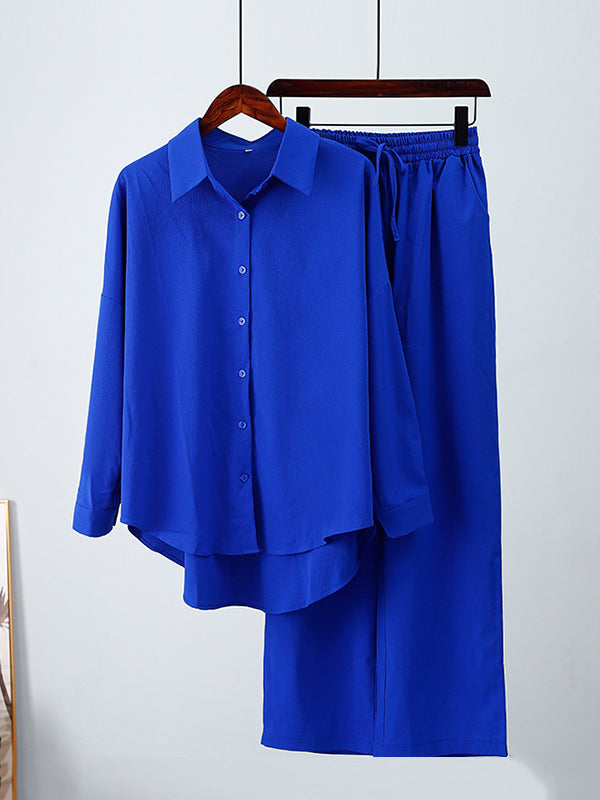Ensemble deux pièces à ourlet plongeant, à manches longues, à col revers, à cordon de serrage, couleur unie – chemisier + pantalon