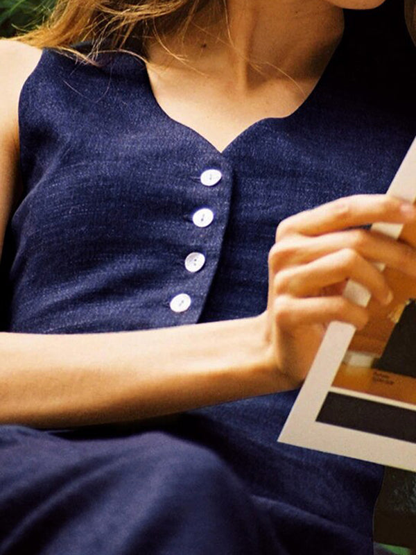 Ensemble deux pièces boutonné plissé sans manches, à décolleté en V profond, à jambes droites, couleur unie – débardeur + pantalon