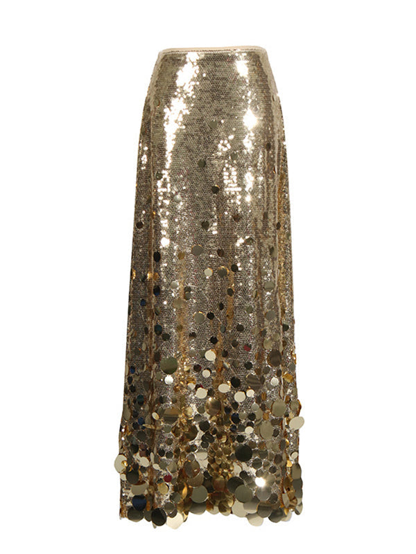 Jupe brillante coupe trapèze, taille haute, à sequins