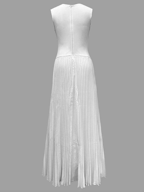 Robe longue ample plissée coupe trapèze, à col en V, couleur unie