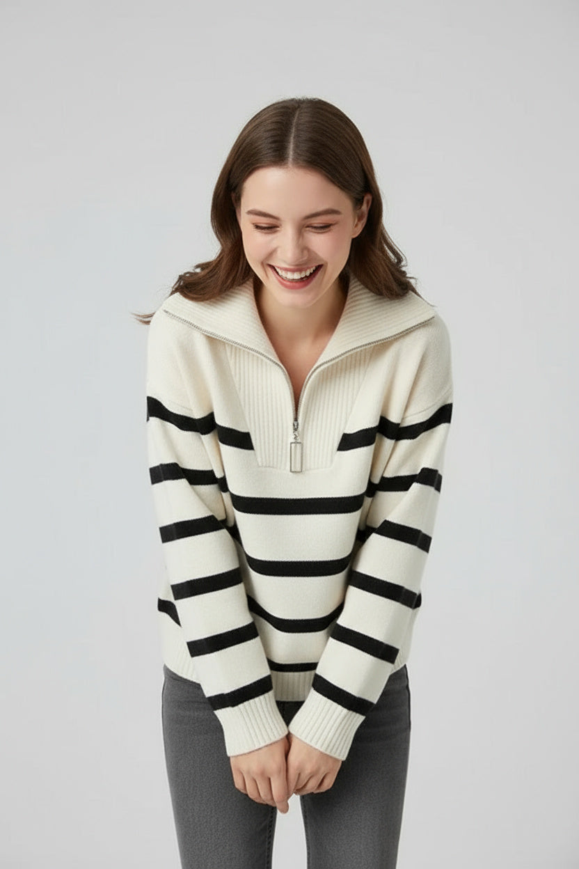 Selma | Pull en tricot pour femmes avec fermeture éclair et rayures