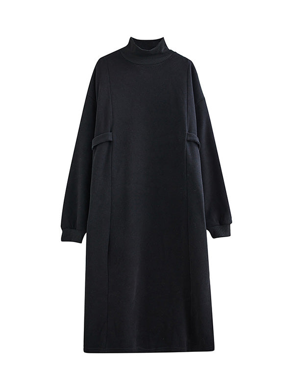 Robe mi-longue coupe trapèze, à manches longues, à col cheminée, couleur unie