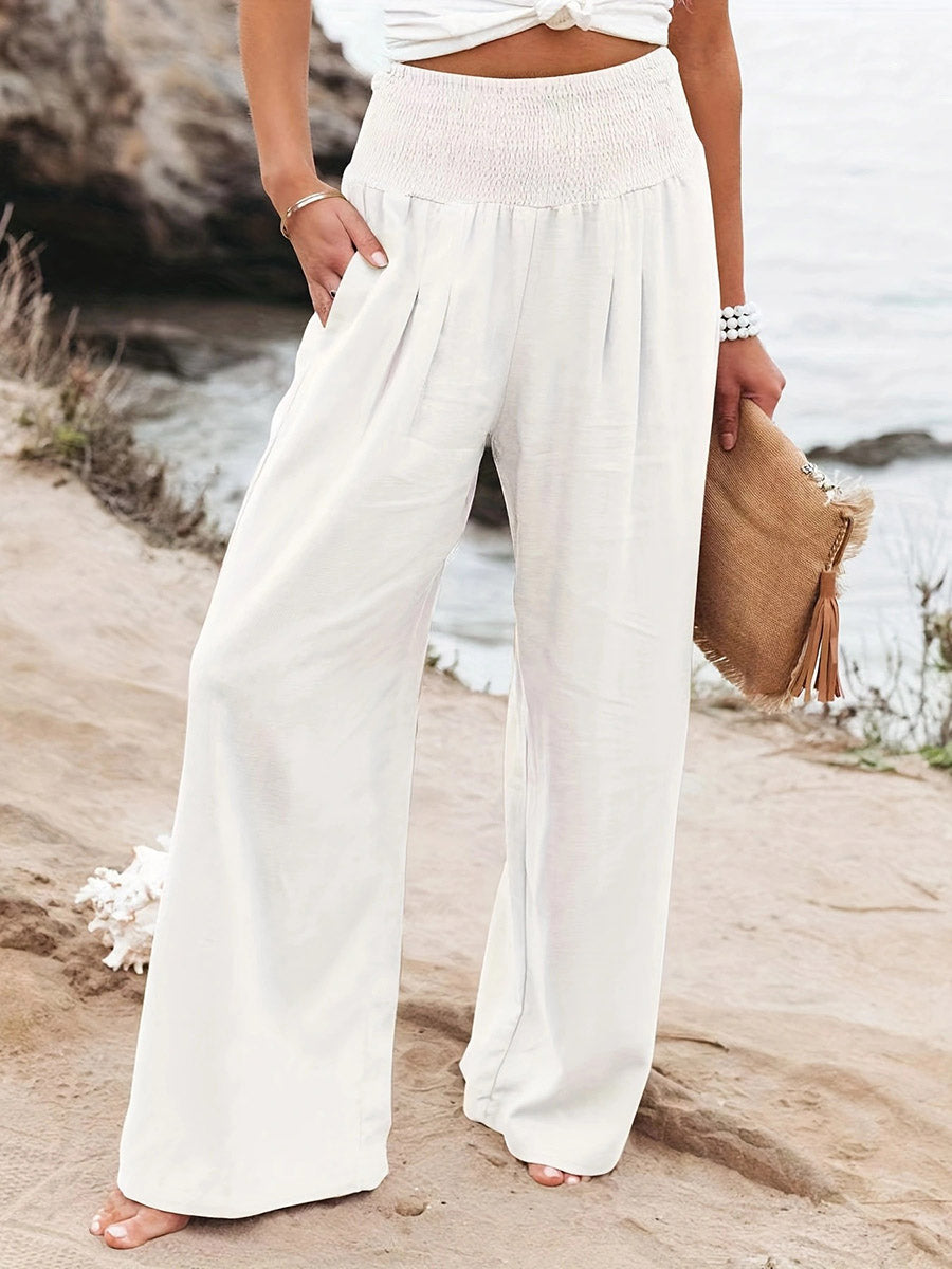 Pantalon plissé à taille élastique, taille haute, à poches, à empiècements, couleur unie