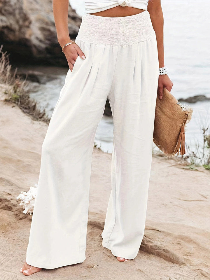 Pantalon plissé à taille élastique, taille haute, à poches, à empiècements, couleur unie