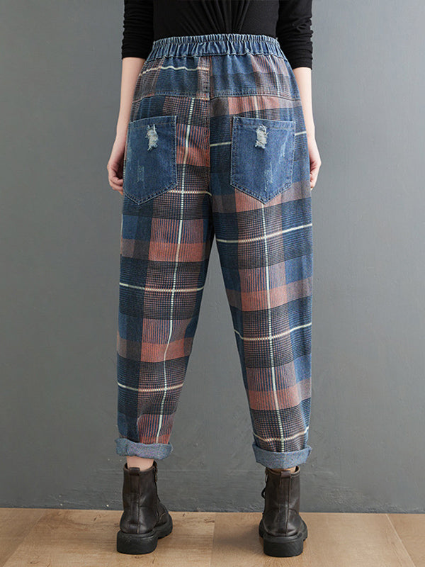 Pantalon en jean à carreaux rétro artistique original
