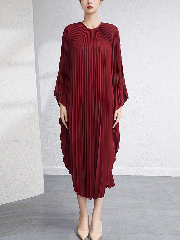 Robe longue ample plissée à manches chauve-souris, couleur unie