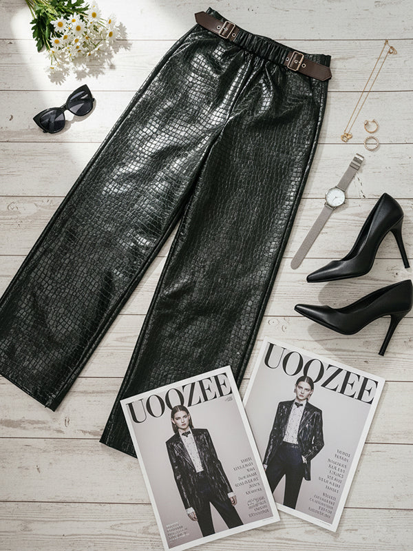 Pantalon ample à boucle en cuir texture crocodile, jambe large