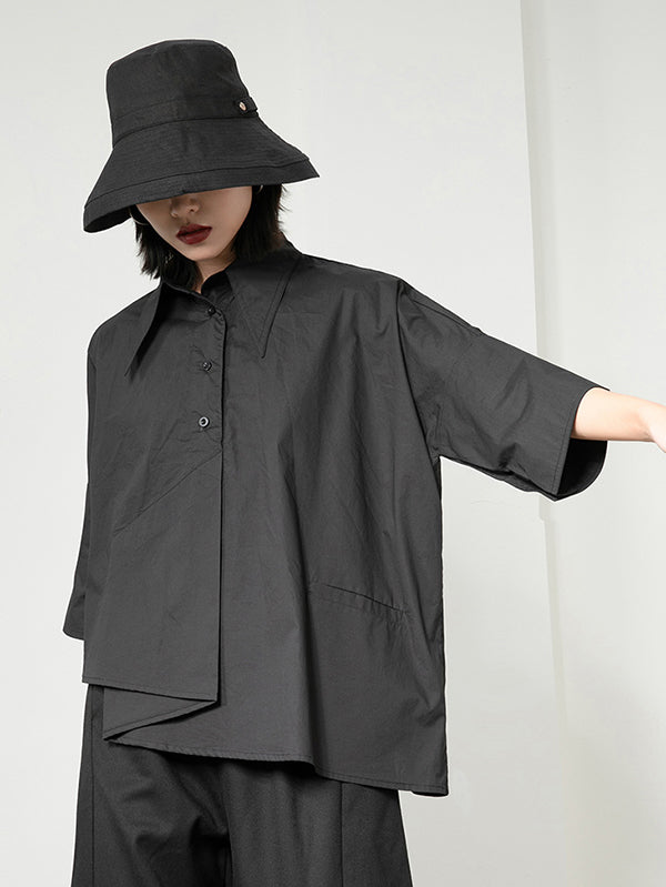 Chemisier décontracté ample à coupe irrégulière, col polo, couleur unie