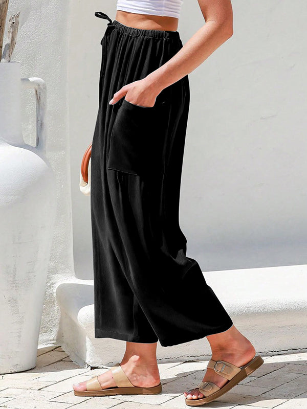 Pantalon ample décontracté coupe droite, à taille élastique, à poches, couleur unie