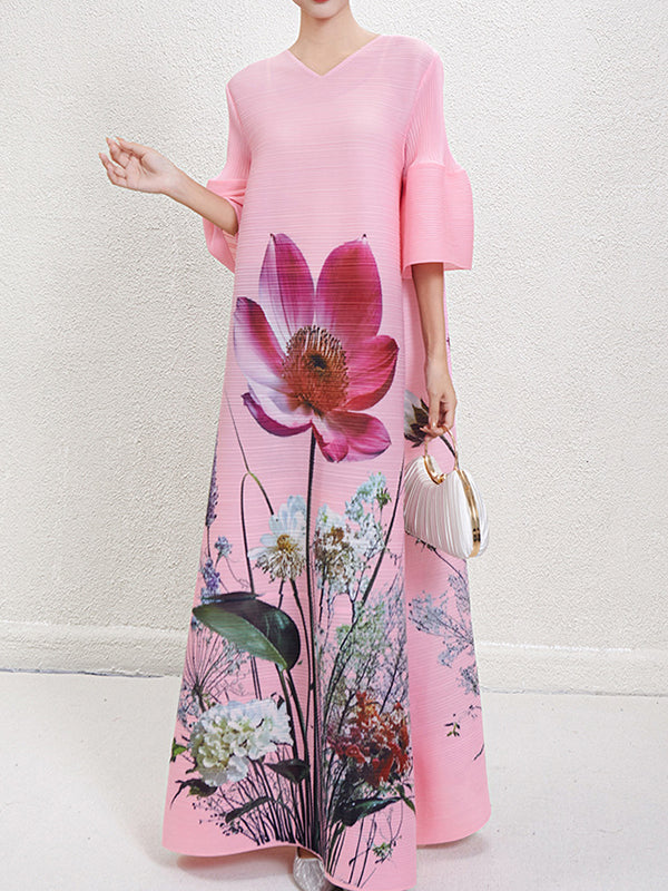 Robe longue plissée coupe trapèze, à manches évasées, à imprimé floral, à col en V