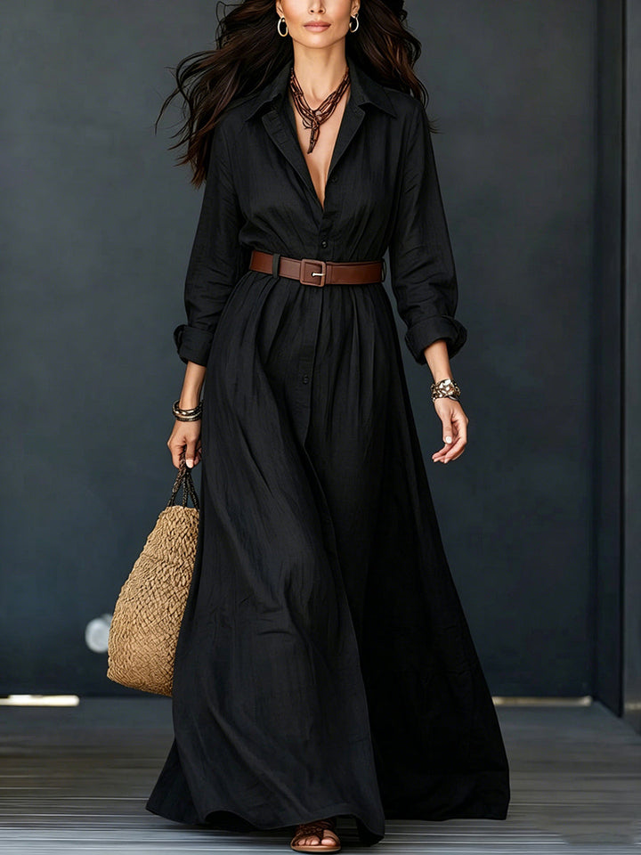 Robe chemise longue boutonnée ample à ourlet ample, à boucle de ceinture, grande taille, à col revers, couleur unie