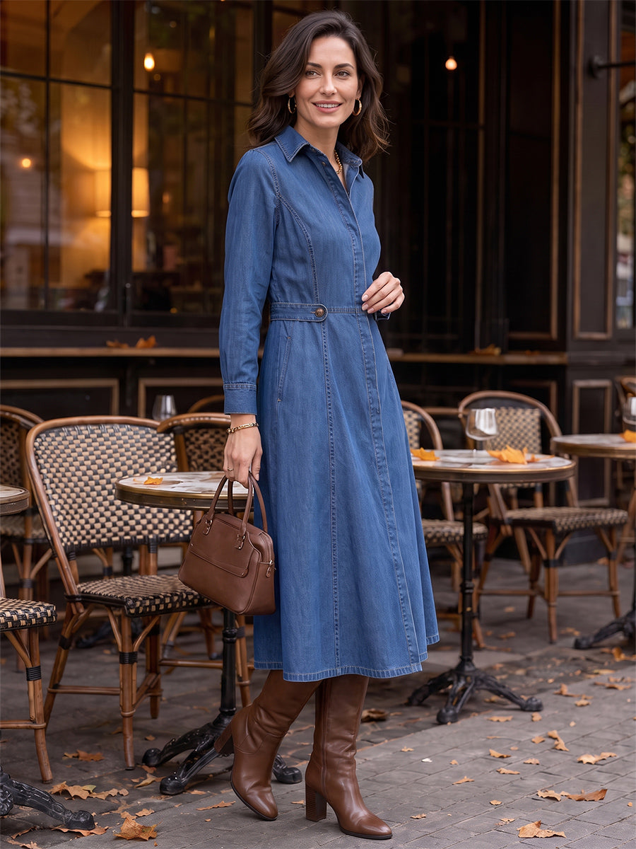 Robe mi-longue boutonnée à empiècements, à poches, à manches longues, taille haute, à col revers, couleur unie
