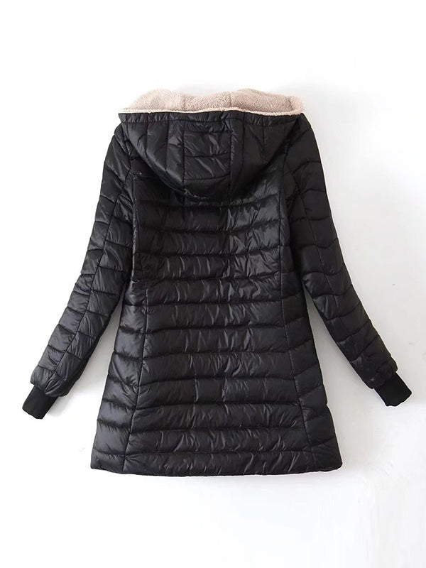 Manteau chaud matelassé à manches longues, à poches, en velours, à fermeture éclair, à capuche