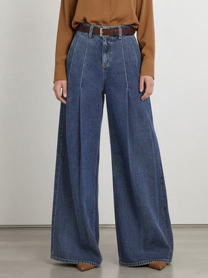 Pantalon plissé à taille élastique, taille haute, avec ceinture, à poches, à empiècements, couleur unie