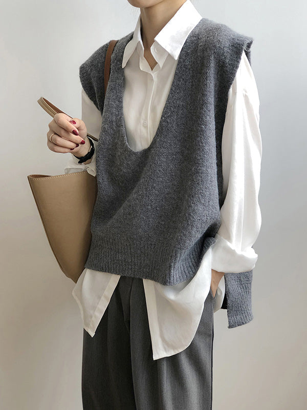 Gilet irrégulier à tricoter uni à col en V
